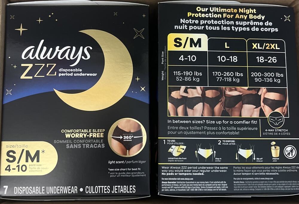 Always ZZZ Overnight Disposable Period Underwear Size S/ M 4-10, 7 ct 2-PACK